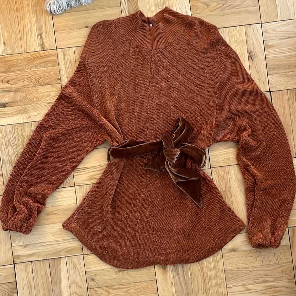 Free People Copper tinsel knit dress with velvet belt
